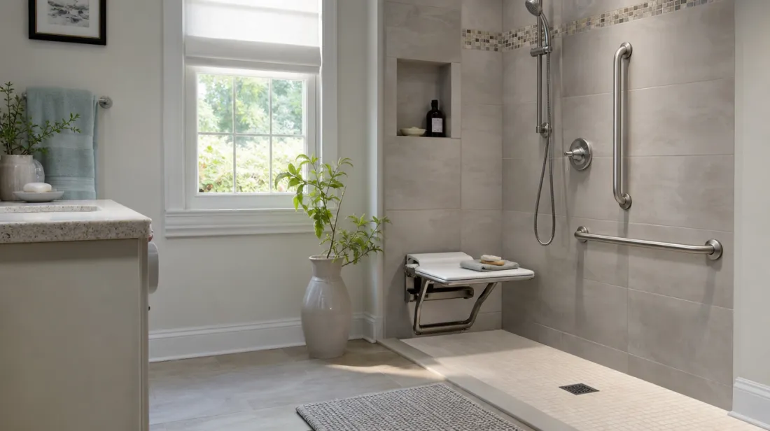 A bathroom with grab bars, a shower seat and a walk-in shower
