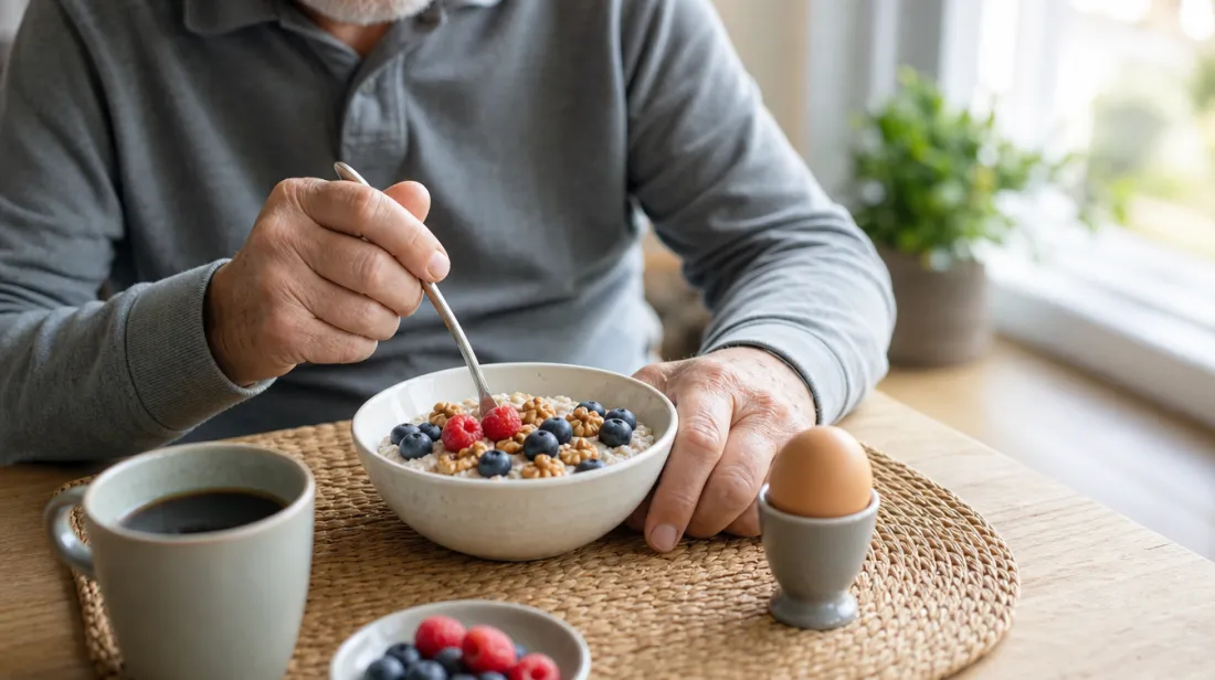A bowl of oatmeal with berries and walnuts beside a boiled egg