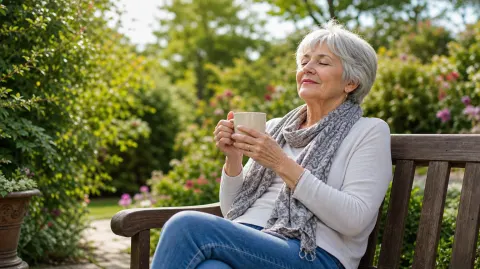 A woman taking a quiet break with a cup of tea in the garden
