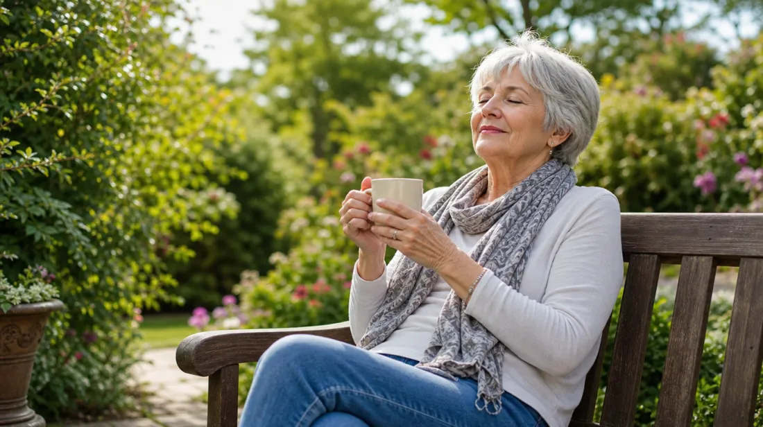 A woman taking a quiet break with a cup of tea in the garden