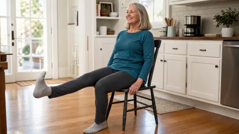 A woman doing a seated leg lift in her kitchen