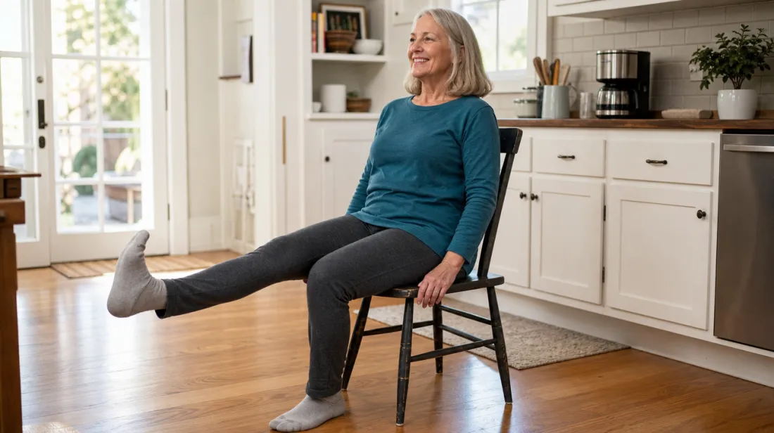 A woman doing a seated leg lift in her kitchen