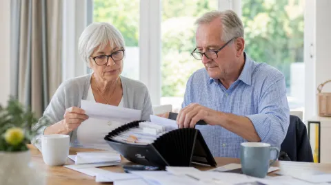 An older couple sorting important papers into a file folder