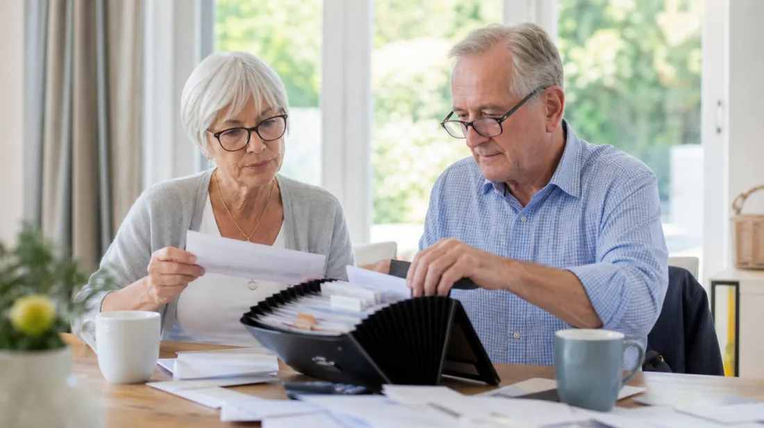 An older couple sorting important papers into a file folder