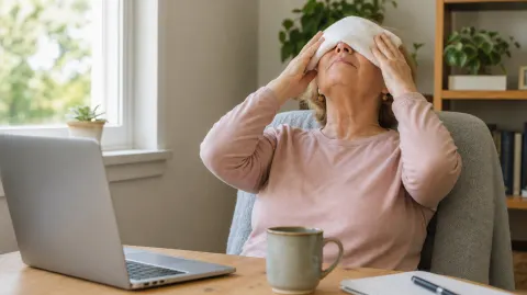 A woman resting a warm washcloth over her eyes at her desk