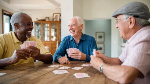 Three older friends laughing over a card game