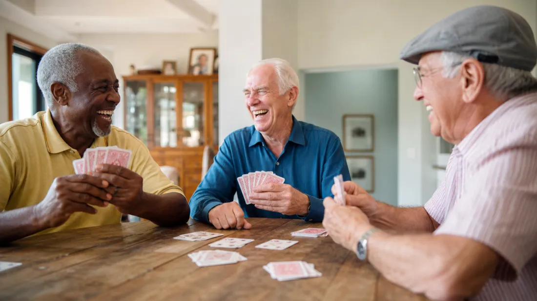 Three older friends laughing over a card game