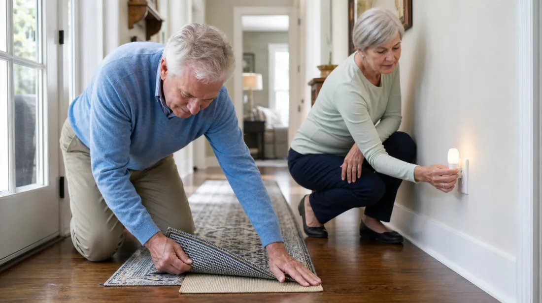 A couple securing a rug and adding a night light in their hallway