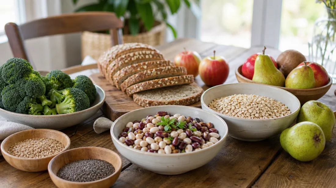 Beans, whole grain bread, fruit, broccoli and oats on a table