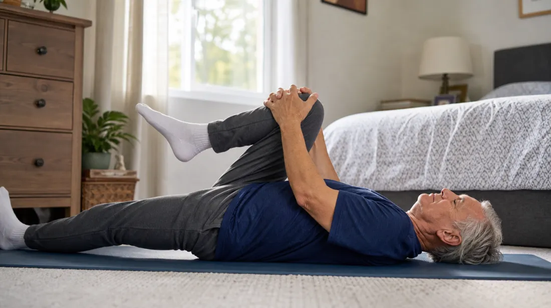 A man doing a gentle knee-to-chest stretch on a mat