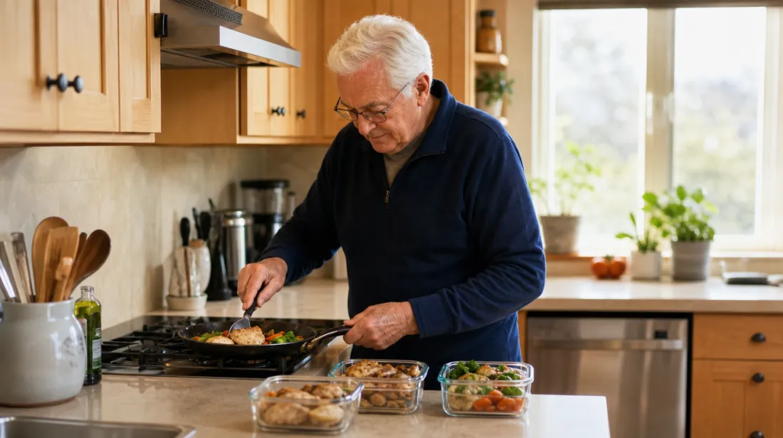 An older man cooking a single portion in a small skillet