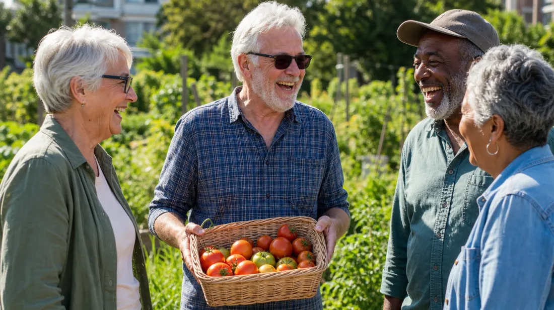Four older friends laughing together in a community garden