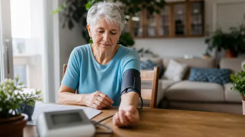 A woman taking her blood pressure at home with her arm resting on a table