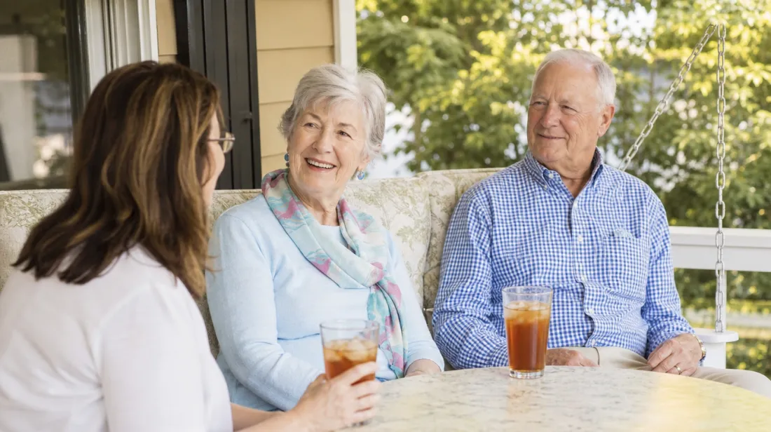An older couple talking with their grown daughter on the porch