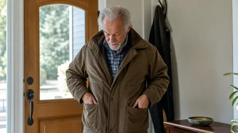 An older man patting his pockets looking for his keys