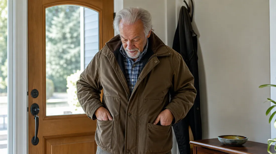 An older man patting his pockets looking for his keys
