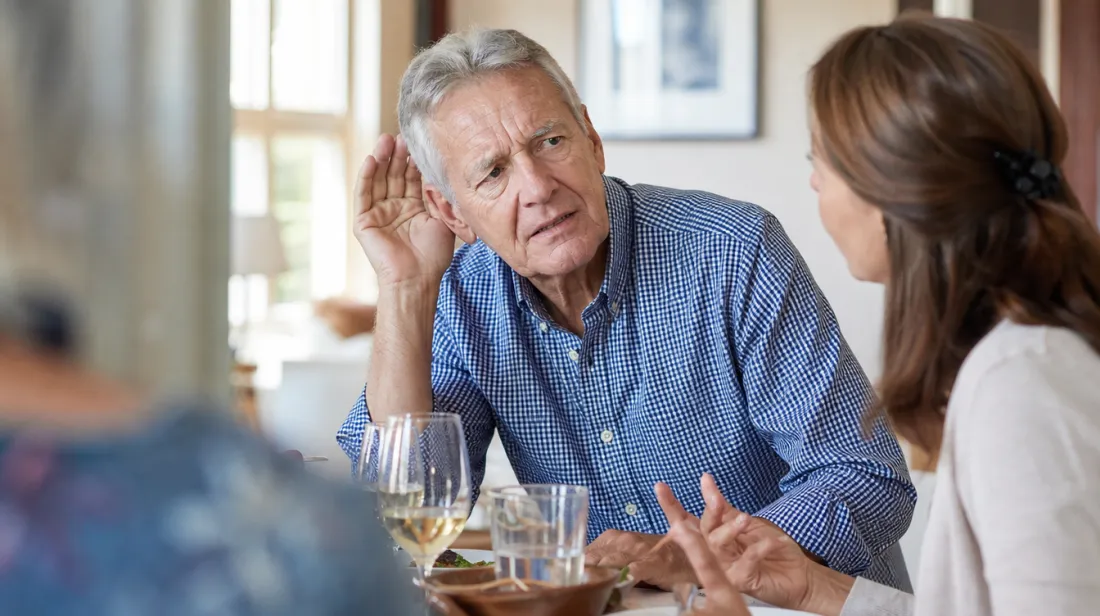 An older man cupping his ear to hear at the dinner table
