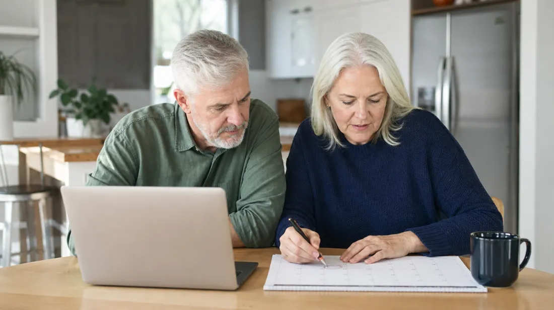 A couple circling a date on a calendar at the kitchen table