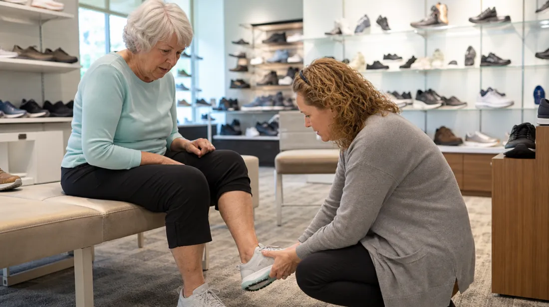A woman trying on walking shoes in a shoe store