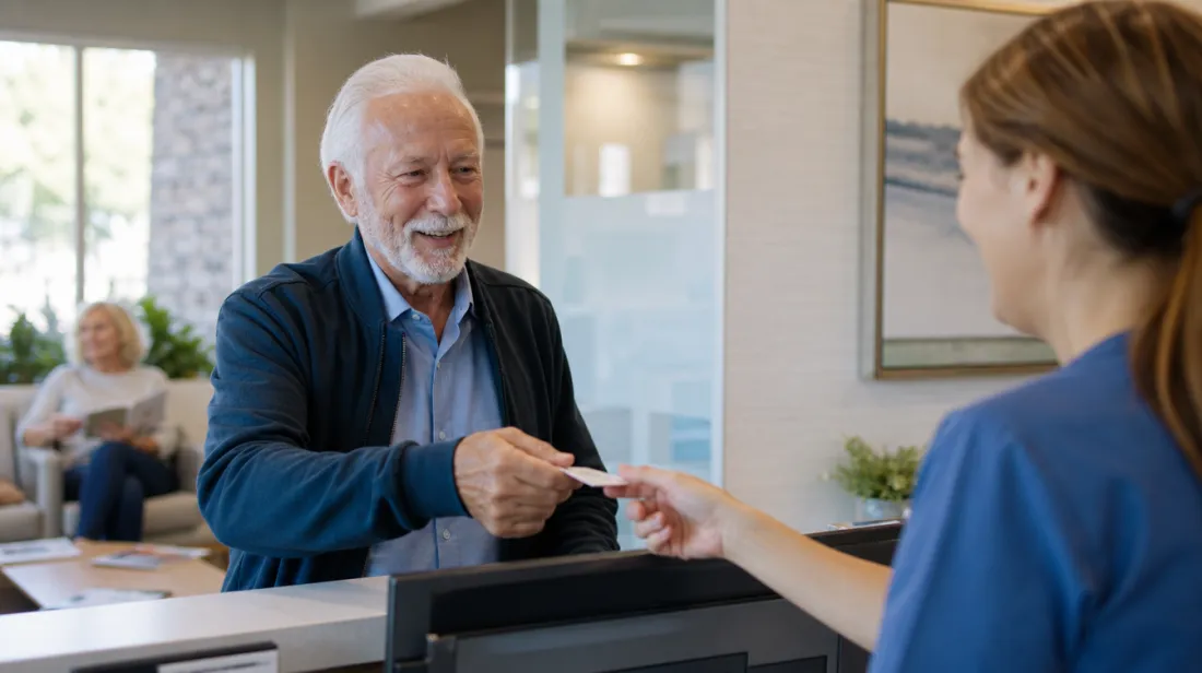 An older man paying at a dentist's front desk