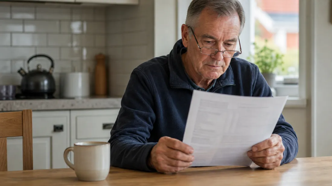 A man reading his lab results at the kitchen table