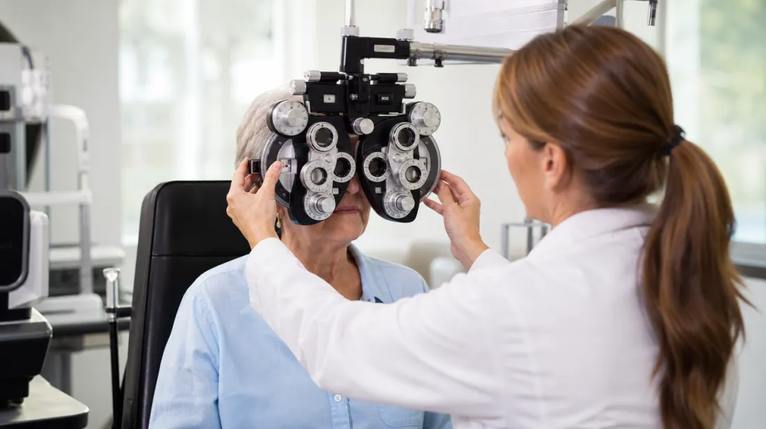 A woman having an eye exam at the optometrist
