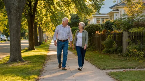 An older couple walking in their neighborhood at sunset