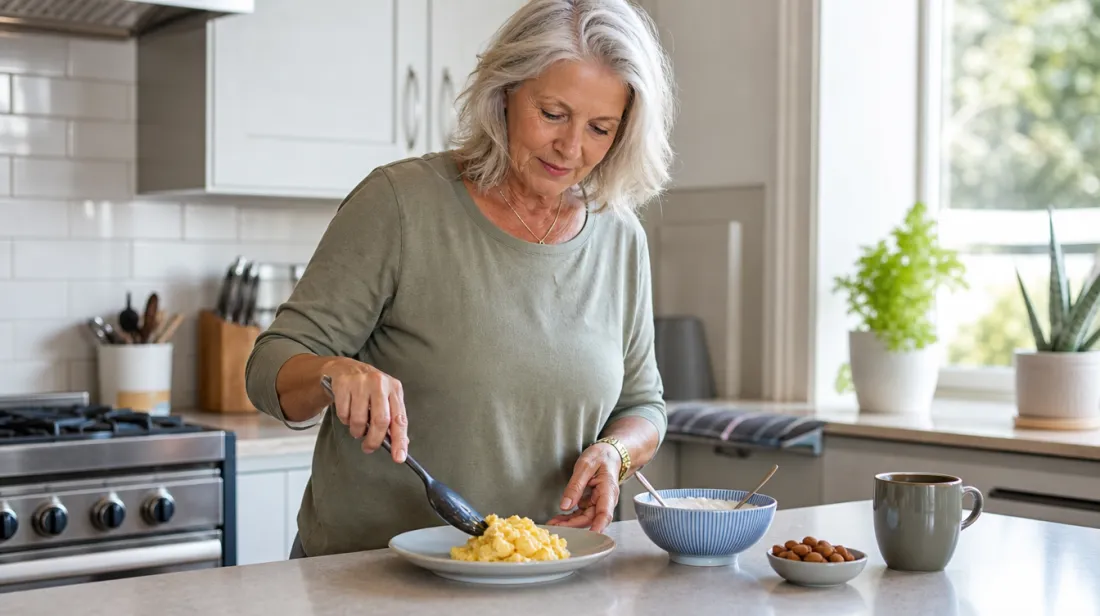 A woman plating eggs, yogurt and almonds for breakfast