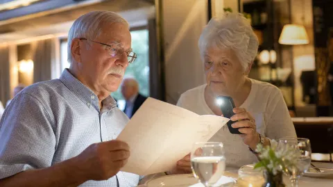 An older man reading a menu by phone flashlight in a dim restaurant