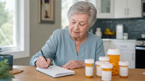 A woman writing out her medication list beside her pill bottles