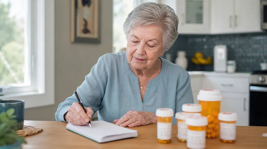 A woman writing out her medication list beside her pill bottles