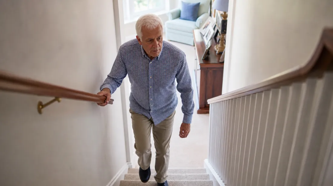 An older man climbing stairs holding the handrail